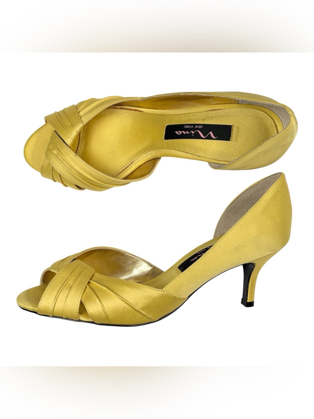 Nina Yellow Satin Peep Toe Heels